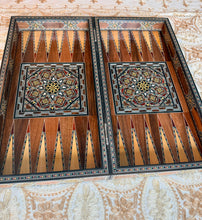 Load image into Gallery viewer, Handmade Mosaic Backgammon Set – Inlaid Walnut Wood &amp; Mother-of-Pearl Game Board
