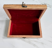 Load image into Gallery viewer, Handmade Marquetry Jewelry Box | Mother-of-Pearl Star Inlay | Wood Mosaic Keepsake Box | Velvet Lined | 9.25 x 5.4 x 3.1 in
