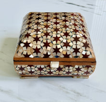 Load image into Gallery viewer, Vintage Khatam Mosaic Inlay Box | Micro-Mosaic Marquetry Jewelry Box | Star &amp; Diamond Pattern | 6.1 x 6.1 x 3.5”
