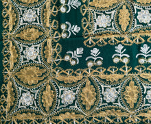 Load image into Gallery viewer, Table Cover: 58 x 58 inches Approx&#39;. Dark Green background with Gold and White Silk Embroidery tablecloth Handmade Aghabani for Square tables

