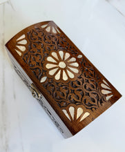 Load image into Gallery viewer, Handcarved Wooden Trunk Box with Mother of Pearl Inlay | Domed Lid Jewelry Chest | Boho Decorative Storage Box
