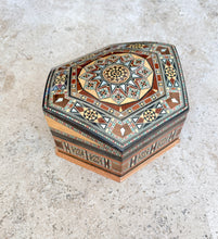 Load image into Gallery viewer, Hexagonal Mosaic Inlay Jewelry Box, Middle Eastern Marquetry with Mother of Pearl, Red Velvet Lined Trinket Box
