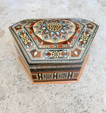 Load image into Gallery viewer, Hexagonal Mosaic Inlay Jewelry Box, Middle Eastern Marquetry with Mother of Pearl, Red Velvet Lined Trinket Box
