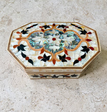 Load image into Gallery viewer, Mother-of-Pearl Inlaid Jewelry Box | Handmade Mosaic Marquetry | Octagonal Wooden Trinket Box with Abalone Shell
