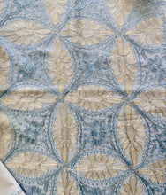 Load image into Gallery viewer, Table Cover: 117 x 58 inches Approx&#39;. Aghabani Oriental for Rectangle Tables, White background with Gold and Blue Silk Embroidery
