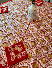 Load image into Gallery viewer, Round Table Cover. Diameter: 78 inches Approx'. Aghabani Oriental for Round Tables. Red background with Gold &amp; White Silk
