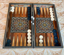 Load image into Gallery viewer, Handmade Mosaic Backgammon Set – Inlaid Walnut Wood &amp; Mother-of-Pearl Game Board
