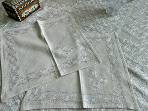 Table Cover: 57 x 57 inches Approx'. Aghabani Oriental for Square Tables. Beige background with White and Silver Silk