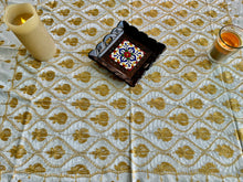 Load image into Gallery viewer, Table Cover: 57 x 57 inches Approx&#39;. Aghabani Oriental for Square Tables. Beige background with White and Gold Silk
