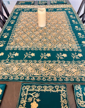 Load image into Gallery viewer, Table Cover: 58 x 58 inches Approx&#39;. Green background with Gold Silk Embroidery tablecloth Handmade Aghabani for Square tables

