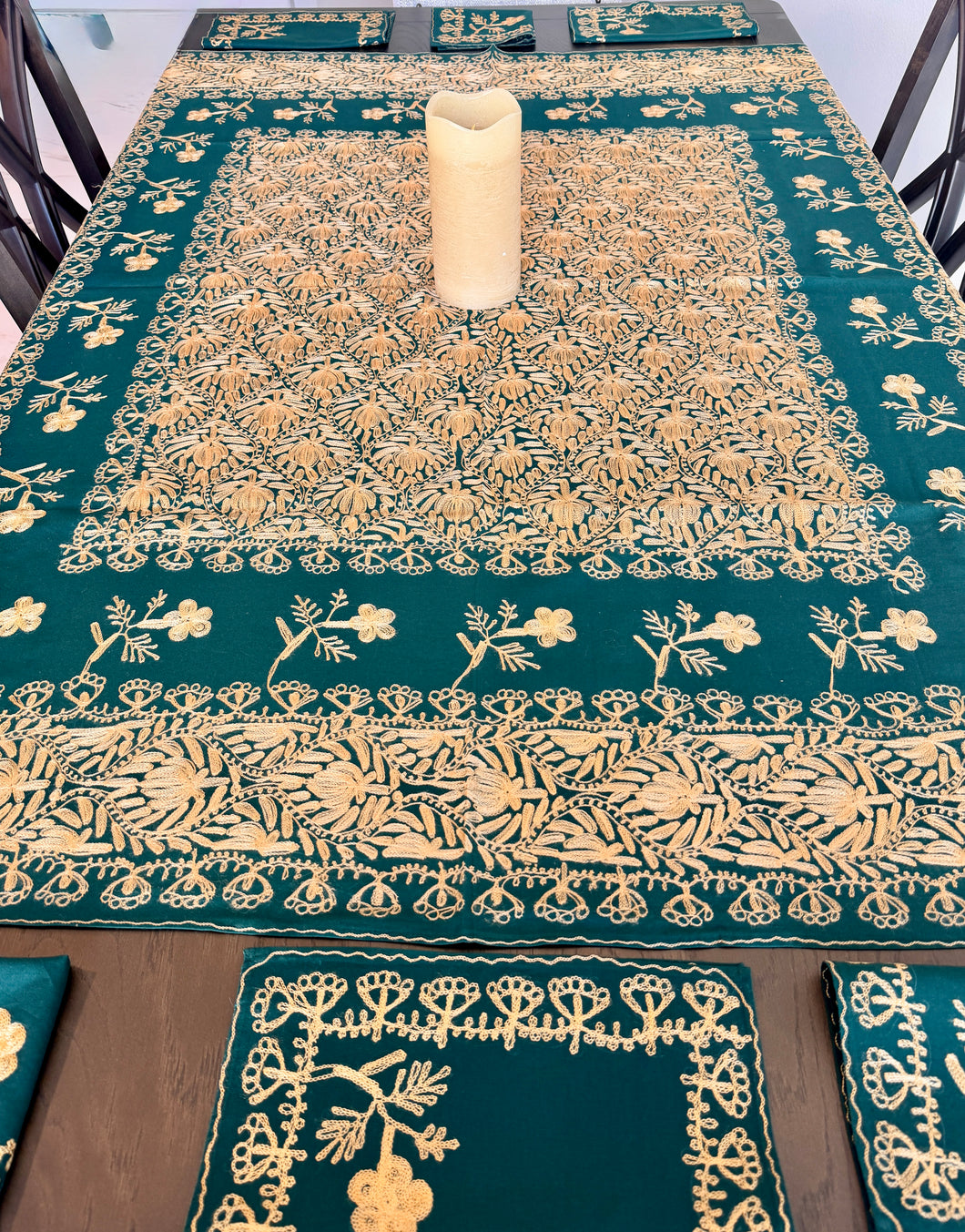 Table Cover: 58 x 58 inches Approx'. Green background with Gold Silk Embroidery tablecloth Handmade Aghabani for Square tables