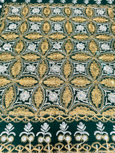 Load image into Gallery viewer, Table Cover: 58 x 58 inches Approx&#39;. Dark Green background with Gold and White Silk Embroidery tablecloth Handmade Aghabani for Square tables
