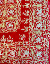 Load image into Gallery viewer, Table Cover: 177 x 74 inches Approx’. Aghabani Oriental for Rectangle Tables, Red background with Gold &amp; White Silk Embroidery
