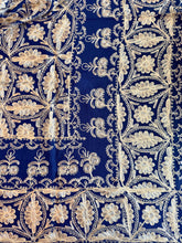 Load image into Gallery viewer, Navy Blue &amp; Gold Embroidered Tablecloth Set – Elegant Floral Design | 94” x 59” | Set of 12 Napkins
