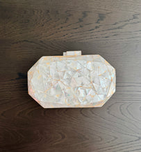 Load image into Gallery viewer, Mother of Pearl Mosaic Clutch with Pearl Beaded Chain Strap
