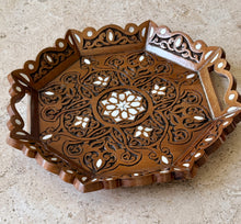 Load image into Gallery viewer, Handcrafted Wooden Tray with Mother-of-Pearl Inlay | Octagonal Serving Tray with Handles | Middle Eastern Damascene Style
