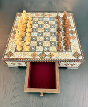 Load image into Gallery viewer, Mother-of-Pearl Mosaic Chess Set with Storage Drawer | Handcrafted Inlaid Wood Chessboard &amp; Carved Chess Pieces | Middle Eastern Marquetry
