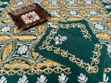 Load image into Gallery viewer, Table Cover: 58 x 58 inches Approx&#39;. Dark Green background with Gold and White Silk Embroidery tablecloth Handmade Aghabani for Square tables
