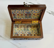 Load image into Gallery viewer, Handcarved Wooden Trunk Box with Mother of Pearl Inlay | Domed Lid Jewelry Chest | Boho Decorative Storage Box
