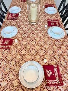 Table Cover: 117 x 75 inches Approx'. Aghabani Oriental for Rectangle Tables, Burgundy background with Gold Silk Embroidery