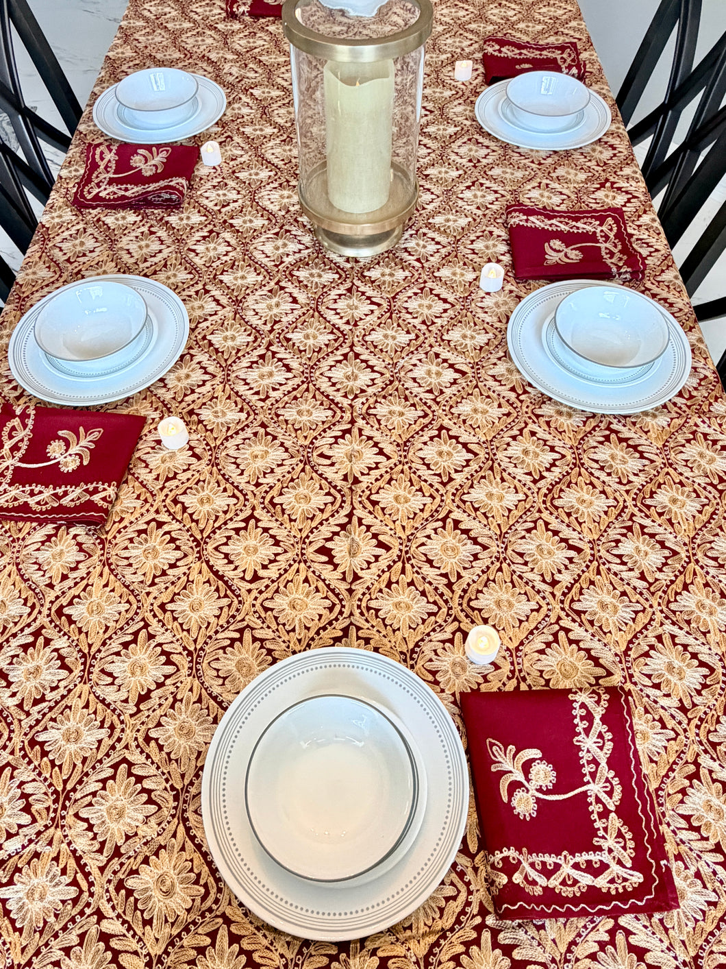Table Cover: 117 x 75 inches Approx'. Aghabani Oriental for Rectangle Tables, Burgundy background with Gold Silk Embroidery
