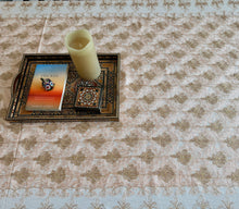 Load image into Gallery viewer, Table Cover: 117 x 58 inches Approx'. Aghabani Oriental for Rectangle Tables, Beige background with Pink and Gold Silk Embroidery
