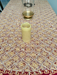 Table Cover: 135 x 78 inches Approx’. Aghabani Oriental for Rectangle Tables, Burgundy background with Gold & White Silk Embroidery