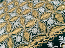 Load image into Gallery viewer, Table Cover: 58 x 58 inches Approx&#39;. Dark Green background with Gold and White Silk Embroidery tablecloth Handmade Aghabani for Square tables
