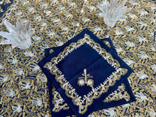Load image into Gallery viewer, Table Cover: 58 x 58 inches Approx&#39;. Dark Green background with Gold and White Silk Embroidery tablecloth Handmade Aghabani for Square tables
