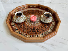 Load image into Gallery viewer, Wooden Mosaic Tray inlaid with Mother of Pearl. L 16.5 in W 16.5 in.
