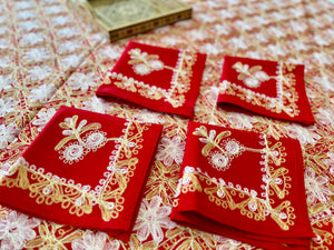 Round Table Cover. Diameter: 78 inches Approx'. Aghabani Oriental for Round Tables. Red background with Gold & White Silk