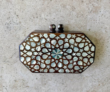 Load image into Gallery viewer, Handmade Mother-of-Pearl Mosaic Clutch Bag | Wooden Geometric Star Inlay Purse | Beaded Pearl Chain Strap

