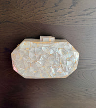 Load image into Gallery viewer, Mother of Pearl Mosaic Clutch with Pearl Beaded Chain Strap
