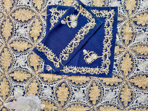 Table Cover: 135 x 78 inches Approx’. Aghabani Oriental for Rectangle Tables, Navy Blue background with Gold & White Silk Embroidery