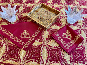 Table Cover: 117 x 58 inches Approx'. Aghabani Oriental for Rectangle Tables, Burgundy background with Burgundy and Gold Silk Embroidery