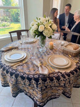 Load image into Gallery viewer, Round Table Cover. Diameter: 78 inches Approx'. Aghabani Oriental for Round Tables. Black background with Gold and White Silk
