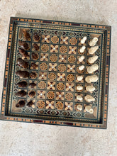 Load image into Gallery viewer, Vintage Mosaic Chess Board with Wooden Pieces, Inlaid Marquetry Game Set, Mother-of-Pearl Accents
