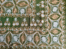 Load image into Gallery viewer, Table Cover: 58 x 58 inches Approx&#39;. Olive Green background with Gold and White Silk Embroidery tablecloth Handmade Aghabani for Square tables
