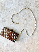 Load image into Gallery viewer, Wooden Box Clutch with Mother of Pearl &amp; Abalone Inlay | Beaded Chain Strap

