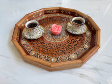Load image into Gallery viewer, Wooden Mosaic Tray inlaid with Mother of Pearl. L 16.5 in W 16.5 in.
