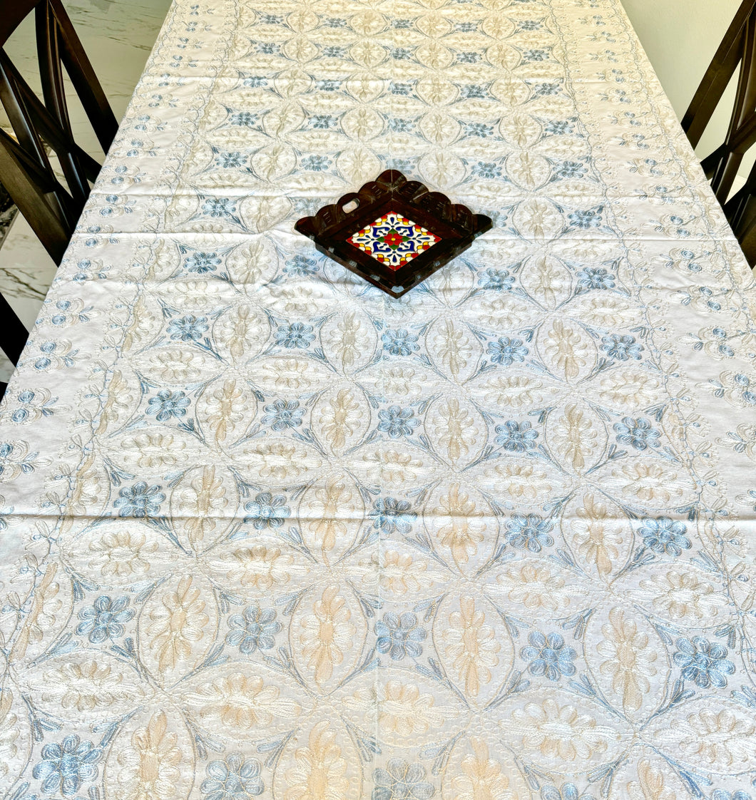 Table Cover: 117 x 58 inches Approx'. Aghabani Oriental for Rectangle Tables, White background with White and Blue Silk Embroidery