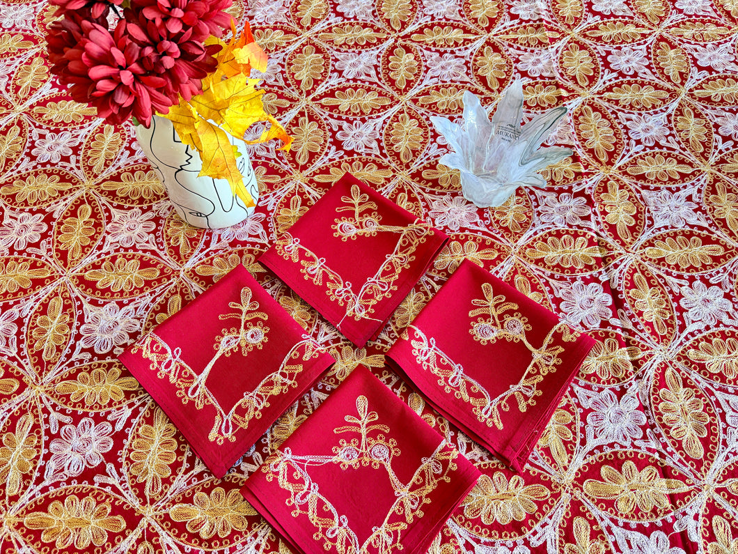 Table Cover: 156 x 78 inches Approx’. Aghabani Oriental for Rectangle Tables, Red background with Gold & Pink Silk Embroidery