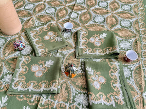 Table Cover: 58 x 58 inches Approx'. Olive Green background with Gold and White Silk Embroidery tablecloth Handmade Aghabani for Square tables