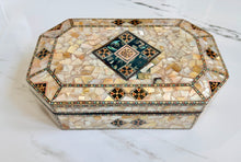 Load image into Gallery viewer, Mother of Pearl Mosaic Inlay Box | Middle Eastern Trinket &amp; Jewelry Box | Handmade Wood Keepsake Box | Decorative Gift
