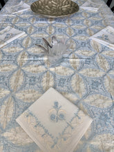 Load image into Gallery viewer, Table Cover: 117 x 58 inches Approx&#39;. Aghabani Oriental for Rectangle Tables, White background with Gold and Blue Silk Embroidery
