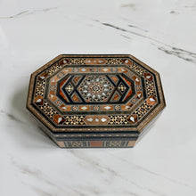 Load image into Gallery viewer, Handcrafted Marquetry Box | Mother of Pearl &amp; Wood Inlay Octagonal Box | Middle Eastern Mosaic Jewelry Box
