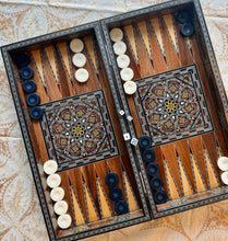 Load image into Gallery viewer, Handmade Mosaic Backgammon Set – Inlaid Walnut Wood &amp; Mother-of-Pearl Game Board
