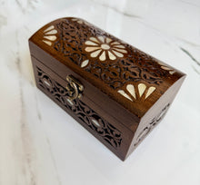 Load image into Gallery viewer, Handcarved Wooden Trunk Box with Mother of Pearl Inlay | Domed Lid Jewelry Chest | Boho Decorative Storage Box
