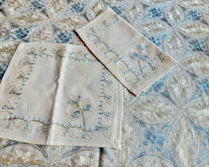 Table Cover: 117 x 58 inches Approx'. Aghabani Oriental for Rectangle Tables, White background with White and Blue Silk Embroidery