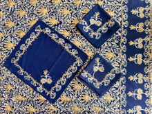 Load image into Gallery viewer, Table Cover: 135 x 78 inches Approx’. Aghabani Oriental for Rectangle Tables, Navy Blue background with Gold &amp; White Silk Embroidery
